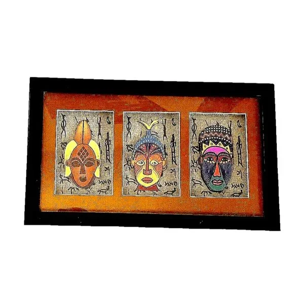African Primitive Mask Mixed Media 3D Shadow Box 6 Pcs. Set 2 Black Wood Frame